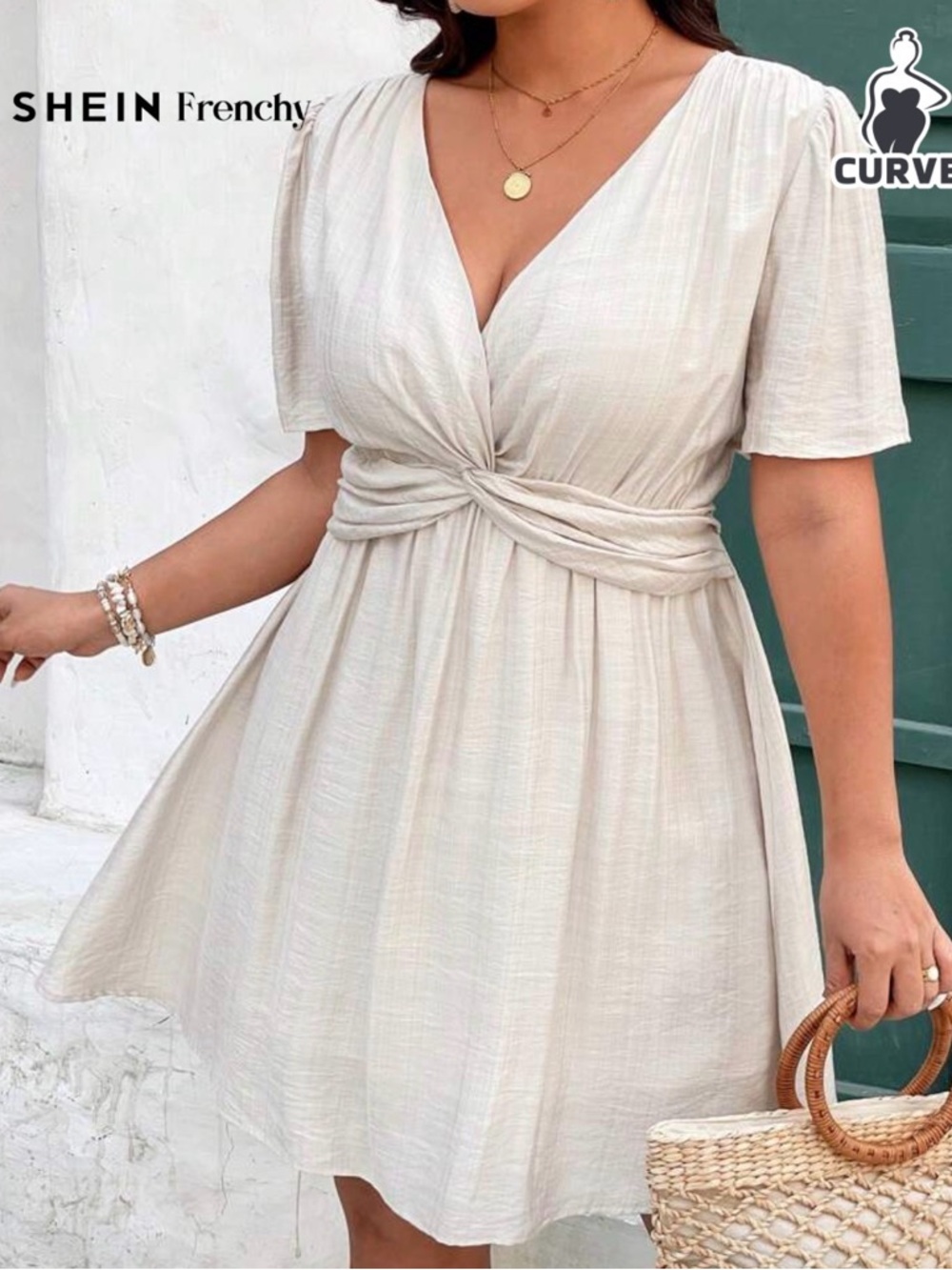 Cream Twist-Front Short Sleeve Dress